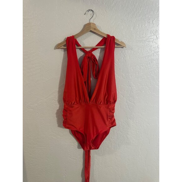 Y Nicole Miller New York Red Convertible Deep V Neck Strappy One Piece Swimsuit - Picture 2 of 12